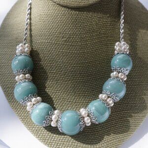 Women`s silver tone faux pearl blue glass beads
